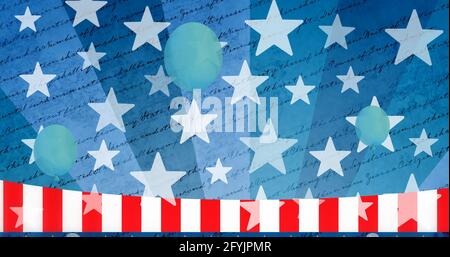 Komposition aus blauen Ballons und Sternen über Text und Sternen Und Streifen der amerikanischen Flagge Stockfoto