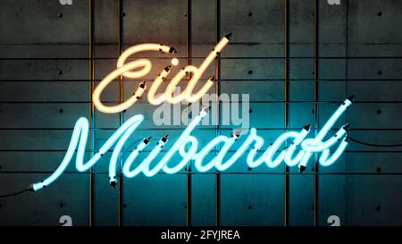 Mubarak helles elektrisches Neon leuchtend gelb und blau Zeichen Stockfoto