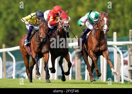 Carbon positive geritten von Jockey Ray Dawson (rechts) gewinnen die whichbookie.co.uk Wettangebote Handicap auf der Brighton Racecourse. Bilddatum: Freitag, 28. Mai 2021. Stockfoto