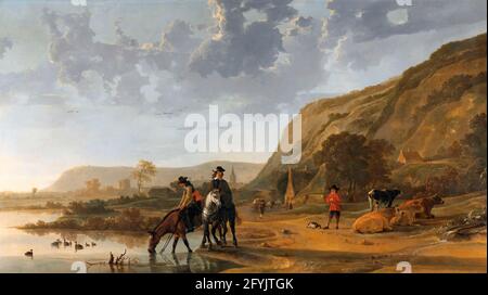 Aelbert Cuyp. Gemälde mit dem Titel „Flusslandschaft mit Reitern“ des niederländischen Malers des Goldenen Zeitalters, Aelbert Jacobszoon Cuyp (1620-1691), Öl auf Leinwand, 1653-57 Stockfoto