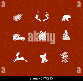 Set von dekorativen Weihnachts-Ikone Zeichnung in Stift Linie Stil auf rotem Hintergrund. Stock Vektor