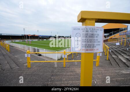 Castleford, England - 28. Mai 2021 - Covid-bezogene Anweisungen für Unterstützer der Rugby League Betfred Super League Runde 8 Castleford Tigers vs Leeds Rhinos im Mend-A-Hose Stadium, Castleford, Großbritannien Dean Williams/Alamy Live News Stockfoto