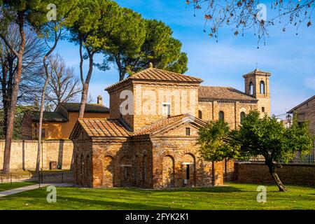 Außenansicht des Mausoleums der Galla Placidia. Ravenna, Emilia Romagna, Italien, Europa. Stockfoto