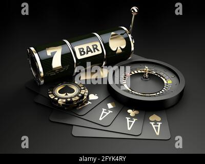 3d-Rendering von Slot Maschine mit Chips und Spielkarten, Clipping-Pfad enthalten Stockfoto
