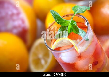 Frischer und kalter Eistee mit Grapefruitscheiben, Zitrone und Minze Stockfoto