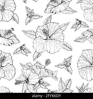 Nahtloses Muster mit einfarbigen Hibiskusblüten, Knospen und Blättern in Linienkunst mit schwarzer Umrandung. Stock Vektor