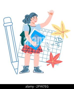 Lächelndes Schulmädchen mit Rucksack und Buch. Back to School Konzept - niedliches Kind unter Schulbedarf, Cartoon-Vektor-Illustration isoliert auf weiß b Stock Vektor