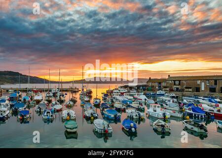 Ein spektakulärer Sonnenaufgang am Lyme Regis Harbour in Dorset. Stockfoto