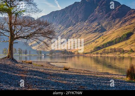 Buttermere an einem herrlich ruhigen Frühlingsmorgen im Lake District National Park. Stockfoto