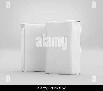 White Coffee Paper Bag Mockup, Blank Beans Container 3D Rendering isoliert auf hellgrauem Hintergrund Stockfoto