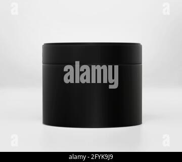 Schwarzes Kosmetikglas Mockup mit Kappe, dunkle leere Box Verpackung realistische Mockup-Vorlage, 3d-Rendering isoliert auf hellem Hintergrund Stockfoto
