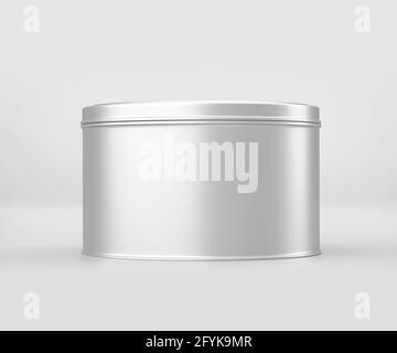 Weiße runde Dose Mockup, unbeschriftete Lebensmittelbehälter, 3d-Rendering isoliert auf hellgrauem Hintergrund, bereit für Ihr Design Stockfoto