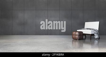 Modernes Interieur eines Zimmers. Betonboden und -Wand, 3D-Rendering Stockfoto