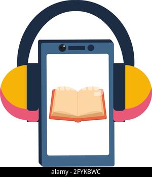 Vector Hörbuch-Anwendung auf dem Smartphone. Telefon mit Kopfhörern Stock Vektor