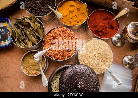 Verschiedene indische Gerichte auf dunklem Holzhintergrund. Zerkleinerte rote Paprika, getrocknete Kräuter, Kreuzkümmel, Kurkuma, Paprika, basmati-Reis und Kardamom Stockfoto