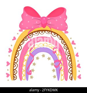 Cartoon hellen Regenbogen mit Herzen und Bogen. Vektorgrafik. Stock Vektor