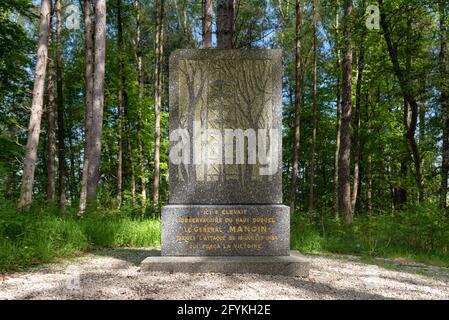 Denkmal des Aussichtsturms von General Mangin im Wald von Retz, ein historisches Denkmal zur Erinnerung an die Schlacht des Ersten Weltkriegs. Stockfoto