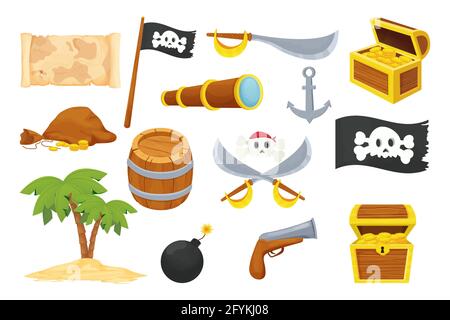 Piratenset mit witzigem Totenkopf, hölzerner Schatzkiste, Fass, Waffe, schwarzer Flagge und Karte im Cartoon-Stil auf weißem Hintergrund isoliert. Karibische Elemente, Abenteuersammlung. Schatzsuche. . Vektorgrafik Stock Vektor