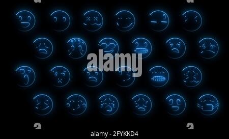 3D-Rendering eines Sets von 24 Emojis mit Leuchteffekten. Neon emotionale Zeichen. Futuristisch leuchtende Webfiguren. Sie können verwendet werden, um verschiedene Prese zu erstellen Stockfoto
