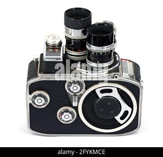 Eine klassische Schweizer Bolex Paillard D8L Double 8mm Cine Kamera aus dem Jahr 1958 mit drei Objektiven. Stockfoto