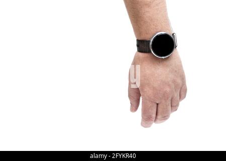Handtragende Smartwatch isoliert auf weißem Hintergrund Stockfoto