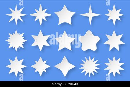 Papiergeschnittene weiße Sterne mit Schatten auf Blau. Dekorieren eines Kinderzimmers, Geschirr, Bettwäsche. Helle Sternaufkleber. Für Grußkarten. Weihnachten und verschiedene Feiertage Stock Vektor