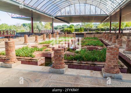 Blick auf das Casa dos Repuxos Haus der Brunnen in den römischen Ruinen von Conimbriga, Portugal Stockfoto