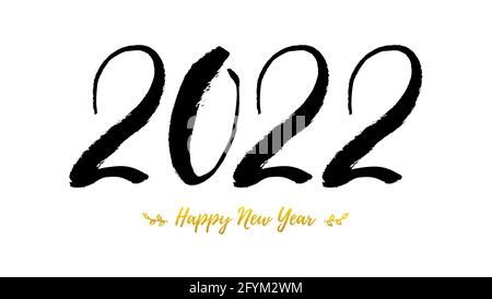 2022. Frohes neues Jahr. Handschriftliche Zahlen und Text mit schwarzen und goldenen Tinten. Isoliert auf Weiß. Vektorgrafik Stock Vektor