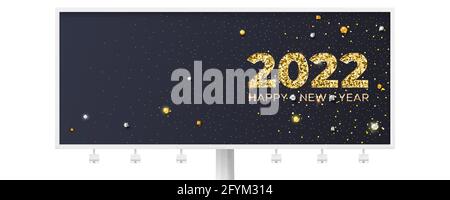 Frohes Neues Jahr 2022. Weihnachtsbanner mit glitzerndem goldenem Staub und Perlen. Plakat mit Grüßen zum neuen Jahr. Stock Vektor