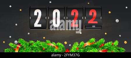 Das Kommen des neuen Jahres 2022. Weihnachtsbanner mit Tannenzweigen, rotem Band, goldenen und silbernen Perlen. Mechanischer Countdown vor dem Urlaub. Stock Vektor