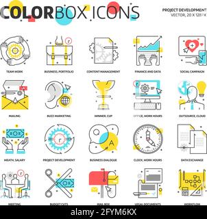 Symbole für Farbschachtel, Illustrationen zur Projektentwicklung, Symbole, Hintergründe und Grafiken. Die Abbildung ist bunt, flach, Vektor, Pixel perfekt, suitab Stock Vektor