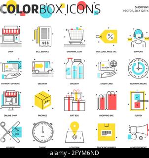 Farbbox-Icons, Shopping-Konzept-Illustrationen, Icons, Hintergründe und Grafiken. Die Abbildung ist bunt, flach, Vektor, Pixel perfekt, geeignet Stock Vektor