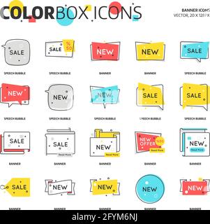 Farbfeld-Symbole, Sprechblase, Bannergrafiken. Die Illustration ist bunt, flach, Vektor, Pixel perfekt, geeignet für Web und Print. Lineare Stokes Stock Vektor