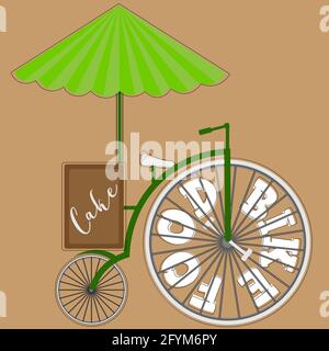 Logo von blaugrünem Retro Food Bike mit weißen Rädern Und Sonnenschirm 2 Stock Vektor