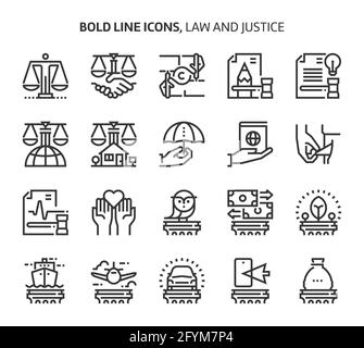 Recht und Gerechtigkeit, Symbole mit fetten Linien. Die Illustrationen sind Vektorgrafiken, bearbeitbare Striche, 48x48 Pixel perfekte Dateien. Mit Präzision und Auge für Qualität gefertigt Stock Vektor
