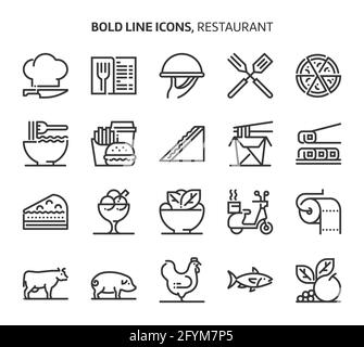 Restaurant, Symbole mit fetten Linien. Die Illustrationen sind Vektorgrafiken, bearbeitbare Striche, 48x48 Pixel perfekte Dateien. Mit Präzision und einem Auge für Qualität gefertigt. Stock Vektor