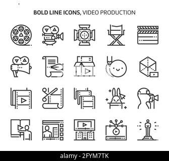 Videoproduktion, Symbole mit fetten Linien. Die Illustrationen sind Vektorgrafiken, bearbeitbare Striche, 48x48 Pixel perfekte Dateien. Mit Präzision und Auge für Qual gefertigt Stock Vektor