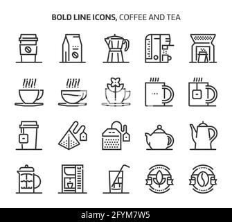 Kaffee und Tee, Symbole mit markanten Linien. Die Illustrationen sind Vektorgrafiken, bearbeitbare Striche, 48x48 Pixel perfekte Dateien. Präzise und qualitativ hochwertig gefertigt Stock Vektor