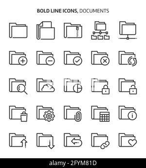 Ordner, Symbole in fetter Linie. Die Illustrationen sind Vektorgrafiken, bearbeitbare Striche, 48x48 Pixel perfekte Dateien. Mit Präzision und einem Auge für Qualität gefertigt. Stock Vektor