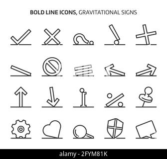 Gravitationszeichen, Symbole mit fetten Linien. Die Illustrationen sind Vektorgrafiken, bearbeitbare Striche, 48x48 Pixel perfekte Dateien. Mit Präzision und Augenweib für q gefertigt Stock Vektor
