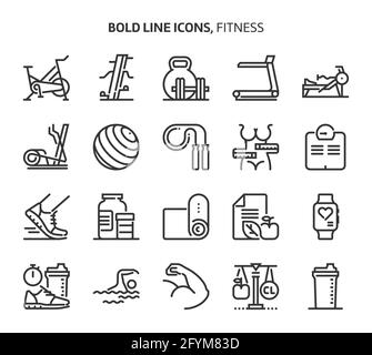 Fitness, Symbole mit fetten Linien. Die Illustrationen sind Vektorgrafiken, bearbeitbare Striche, 48x48 Pixel perfekte Dateien. Mit Präzision und einem Auge für Qualität gefertigt. Stock Vektor