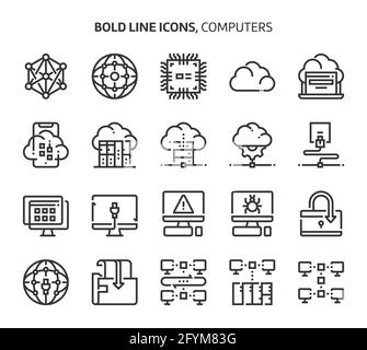 Computer und Netzwerke, Symbole in Fettdruck. Die Illustrationen sind Vektorgrafiken, bearbeitbare Striche, 48x48 Pixel perfekte Dateien. Mit Präzision und Auge gefertigt Stock Vektor