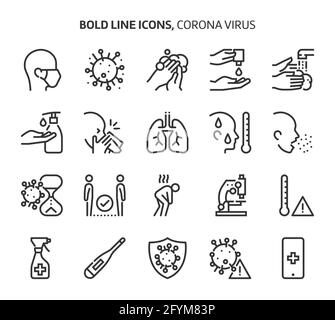 Corona-Virus, Symbole mit fetten Linien. Die Illustrationen sind Vektorgrafiken, bearbeitbare Striche, 48x48 Pixel perfekte Dateien. Mit Präzision und einem Auge für Qualität gefertigt. Stock Vektor