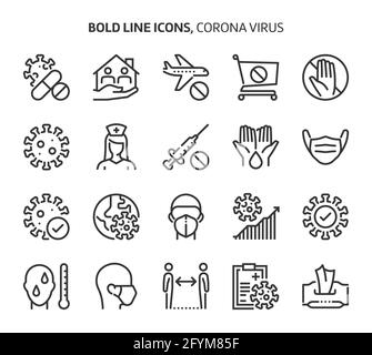 Corona-Virus, Symbole mit fetten Linien. Die Illustrationen sind Vektorgrafiken, bearbeitbare Striche, 48x48 Pixel perfekte Dateien. Mit Präzision und einem Auge für Qualität gefertigt. Stock Vektor