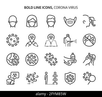 Corona-Virus, Symbole mit fetten Linien. Die Illustrationen sind Vektorgrafiken, bearbeitbare Striche, 48x48 Pixel perfekte Dateien. Mit Präzision und einem Auge für Qualität gefertigt. Stock Vektor