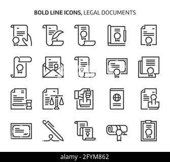 Juristische Dokumente , fett formatige Symbole. Die Illustrationen sind Vektorgrafiken, bearbeitbare Striche, 48x48 Pixel perfekte Dateien. Mit Präzision und Auge für Qual gefertigt Stock Vektor