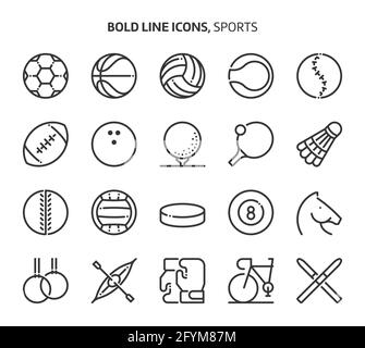 Sport, Symbole mit fetten Linien. Die Illustrationen sind Vektorgrafiken, bearbeitbare Striche, 48x48 Pixel perfekte Dateien. Mit Präzision und einem Auge für Qualität gefertigt. Stock Vektor