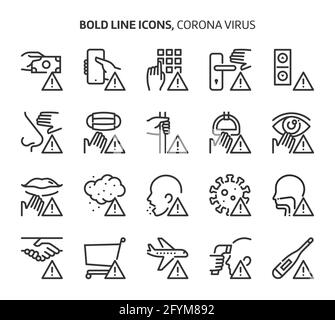 Corona-Virus, Symbole mit fetten Linien. Die Illustrationen sind Vektorgrafiken, bearbeitbare Striche, 48x48 Pixel perfekte Dateien. Mit Präzision und einem Auge für Qualität gefertigt. Stock Vektor