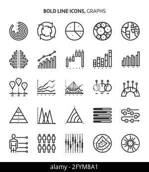 Diagramme, Symbole mit fetten Linien. Die Illustrationen sind Vektorgrafiken, bearbeitbare Striche, 48x48 Pixel perfekte Dateien. Mit Präzision und einem Auge für Qualität gefertigt. Stock Vektor