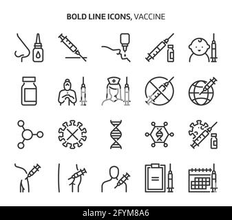 Impfstoff, Symbole mit markanten Linien. Die Illustrationen sind Vektorgrafiken, bearbeitbare Striche, 48x48 Pixel perfekte Dateien. Mit Präzision und einem Auge für Qualität gefertigt. Stock Vektor